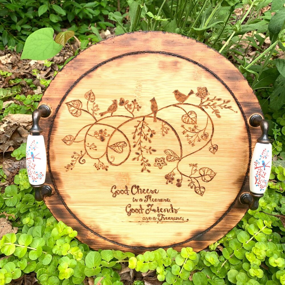 Birds/Vines Pyrography/Wood Burning/Engraved Design Cheese Board Wooden Tray